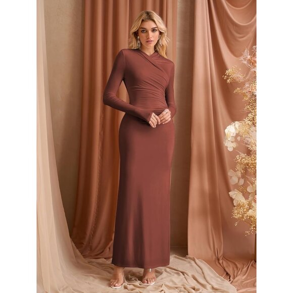 Brown Long Sleeve Maxi Dress with V Neck - Elegant Formal Wedding Guest Wear - Picture 2 of 5